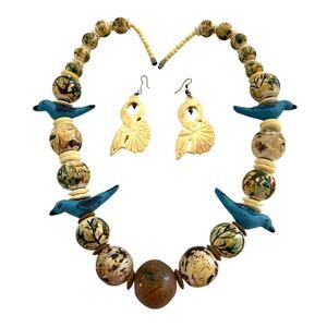 Chunky Ethnic Wood Blue Bird Fetish Bead Necklace Turquoise & Brown​ & Earrings